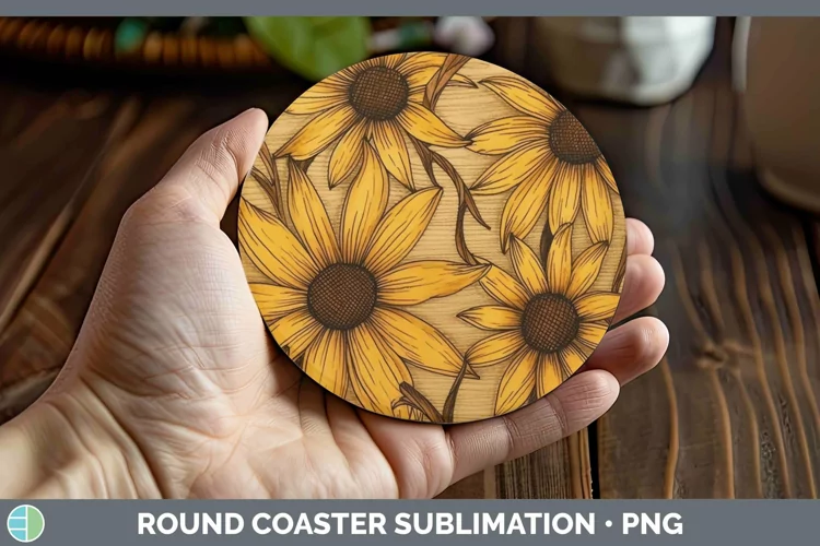 Wood Burned Flowers Black-eyed Susan Round Coaster Sublimati