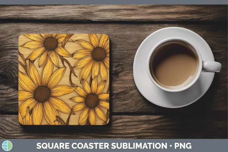 Wood Burned Flowers Black-eyed Susan Square Coaster Sublimat
