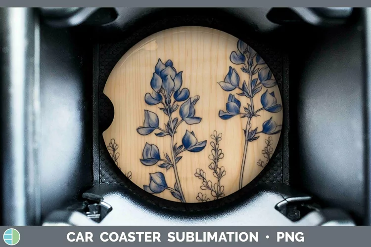 Wood Burned Flowers Bluebonnet Car Coaster Sublimation Coast