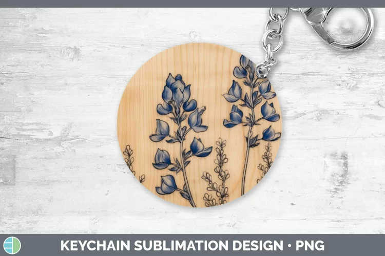 Wood Burned Flowers Bluebonnet Keychain Sublimation Keyring