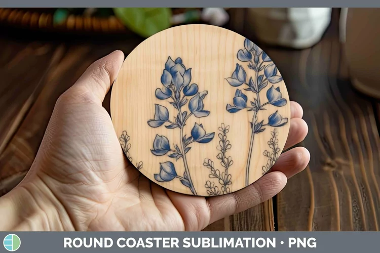 Wood Burned Flowers Bluebonnet Round Coaster Sublimation Coa
