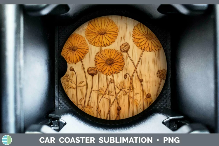 Wood Burned Flowers Calendula Car Coaster Sublimation Coaste
