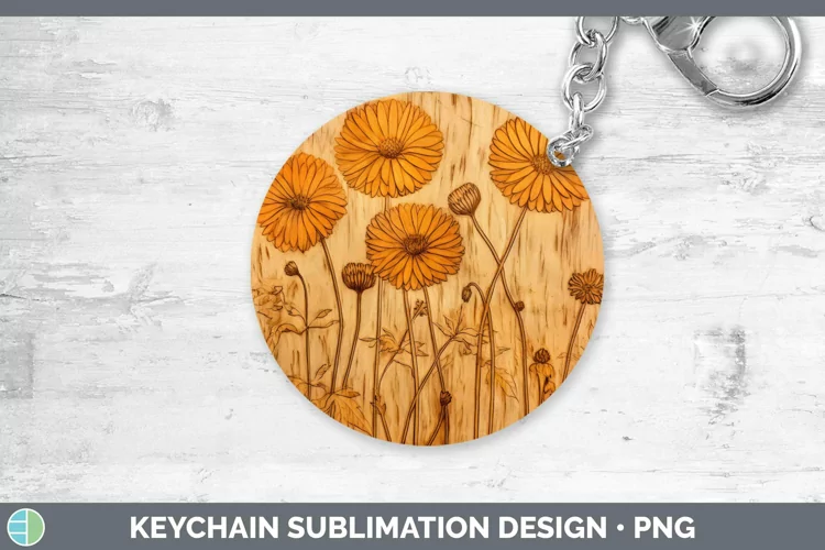 Wood Burned Flowers Calendula Keychain Sublimation Keyring D