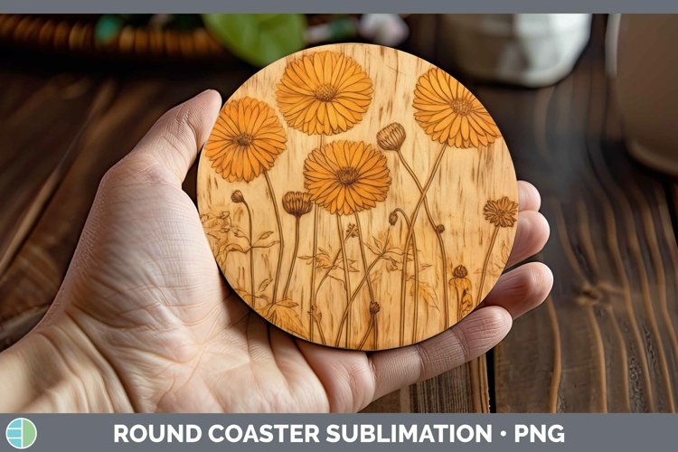 GorgeousWood Burned Flowers Round Coaster design.