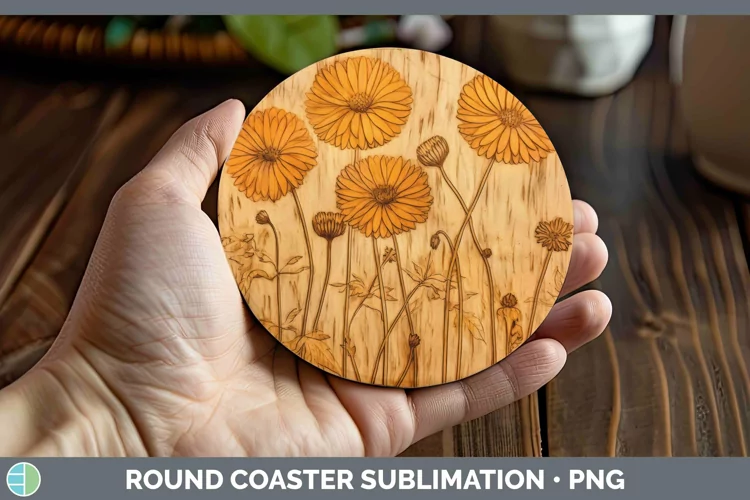 Wood Burned Flowers Calendula Round Coaster Sublimation Coas