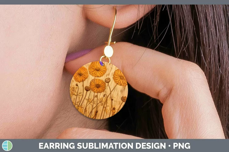 Wood Burned Flowers Calendula Round Earrings Sublimation Ear