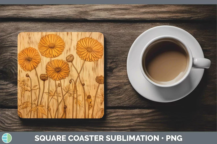 Wood Burned Flowers Calendula Square Coaster Sublimation Coa