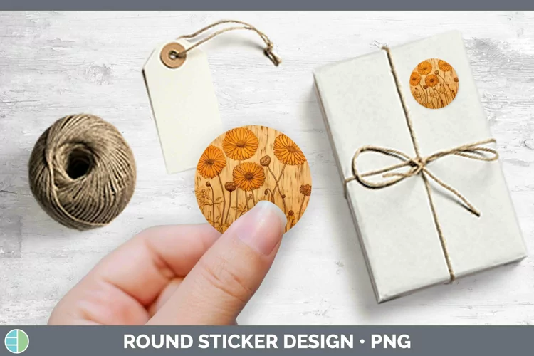 Wood Burned Flowers Calendula Stickers | Round Labels Design