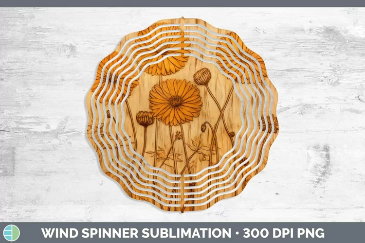 Wood Burned Flowers Calendula Wind Spinner Sublimation Spinn