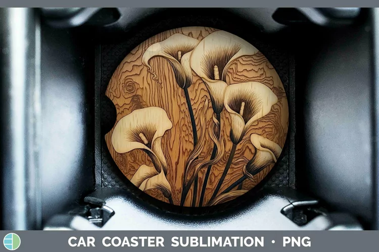 Wood Burned Flowers Calla Lily Car Coaster Sublimation Coast