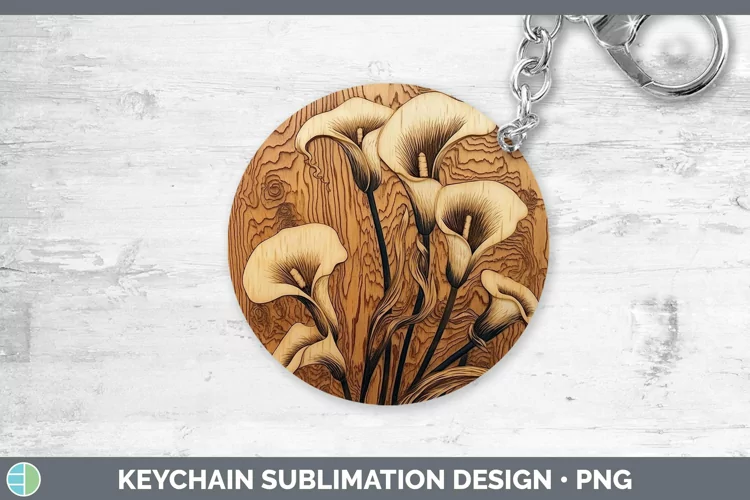 Wood Burned Flowers Calla Lily Keychain Sublimation Keyring