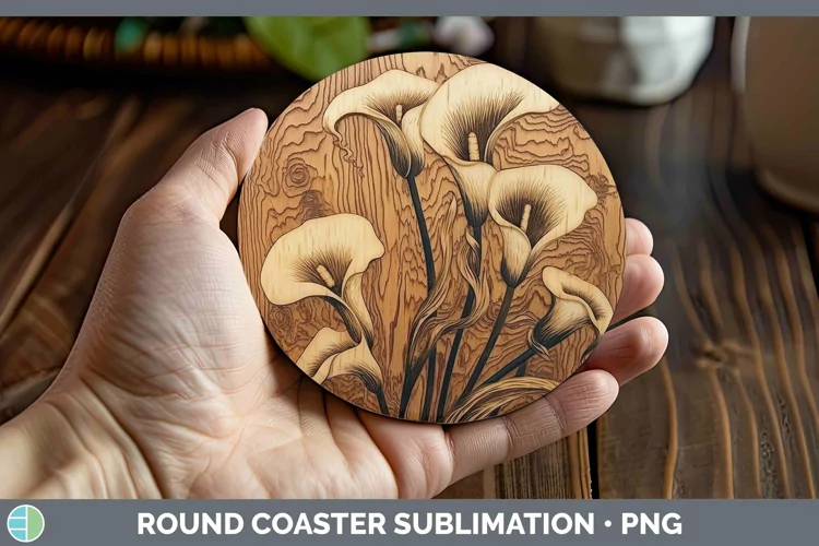 Wood Burned Flowers Calla Lily Round Coaster Sublimation Coa