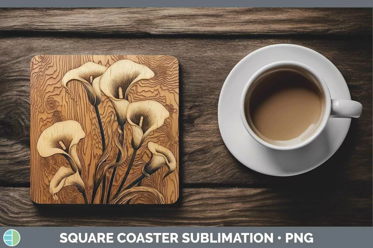 Wood Burned Flowers Calla Lily Square Coaster Sublimation Co