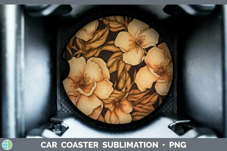 Wood Burned Flowers Camellia Car Coaster Sublimation Coaster