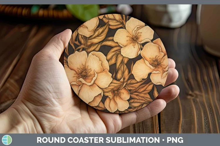 Wood Burned Flowers Camellia Round Coaster Sublimation Coast