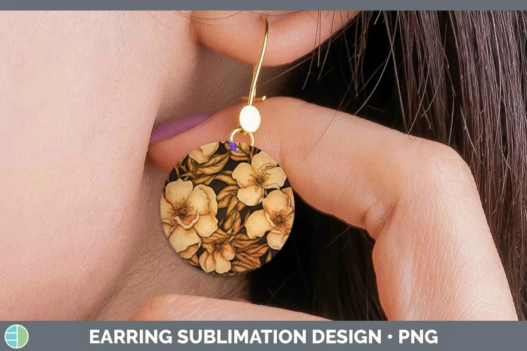 Wood Burned Flowers Camellia Round Earrings Sublimation Earr