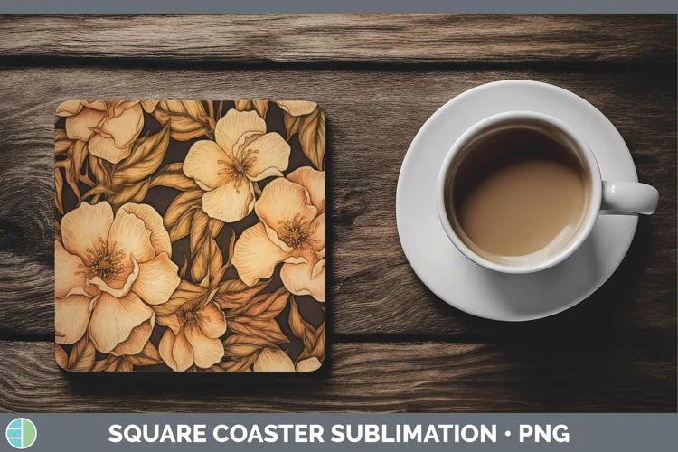 Wood Burned Flowers Camellia Square Coaster Sublimation Coas