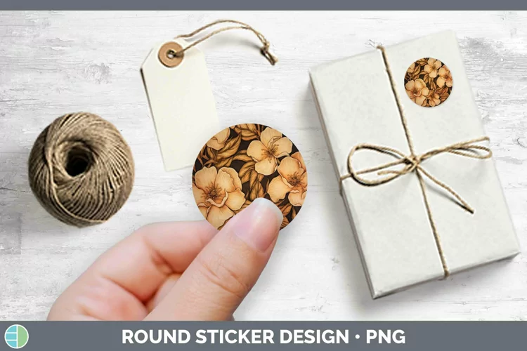 Wood Burned Flowers Camellia Stickers | Round Labels Designs