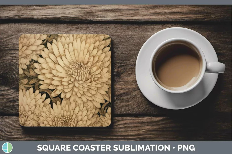 Wood Burned Flowers Chrysanthemum Square Coaster Sublimation