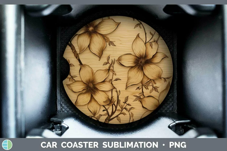 Wood Burned Flowers Clematis Car Coaster Sublimation Coaster