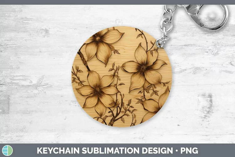Wood Burned Flowers Clematis Keychain Sublimation Keyring De