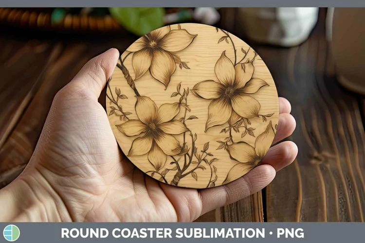 Wood Burned Flowers Clematis Round Coaster Sublimation Coast