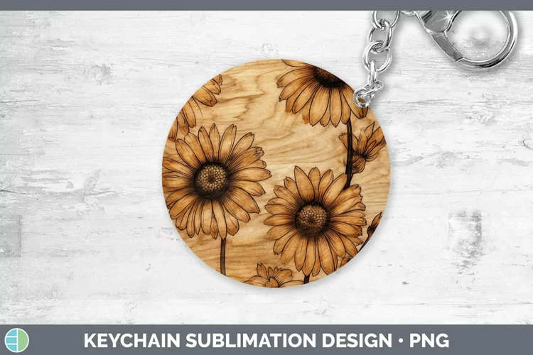 Wood Burned Flowers Daisy Keychain Sublimation Keyring Desig
