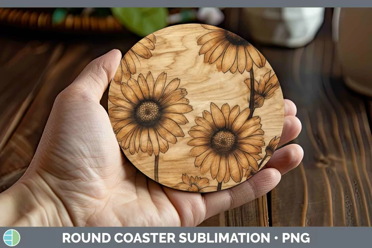 Wood Burned Flowers Daisy Round Coaster Sublimation Coaster