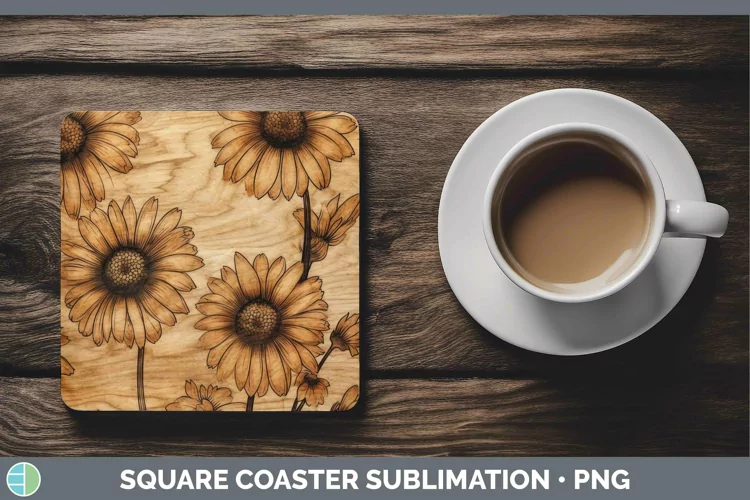 Wood Burned Flowers Daisy Square Coaster Sublimation Coaster