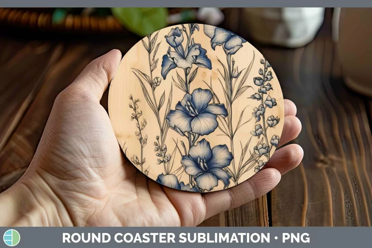 Wood Burned Flowers Delphinium Round Coaster Sublimation Coa