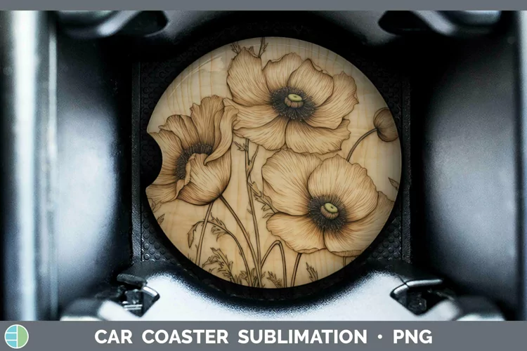 Wood Burned Flowers Anemone Car Coaster Sublimation