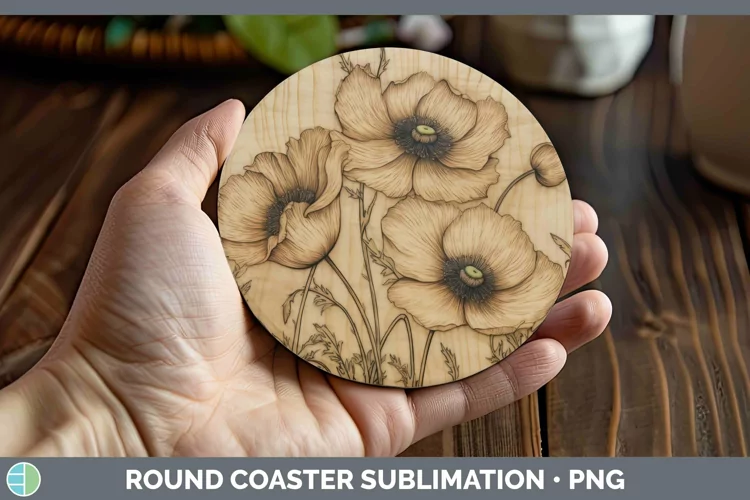 Wood Burned Flowers Anemone Round Coaster Sublimation