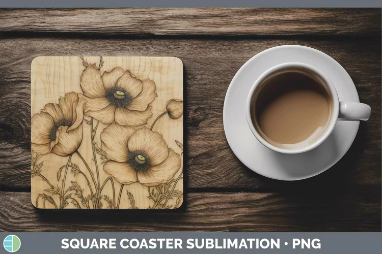 Wood Burned Flowers Anemone Square Coaster Sublimation