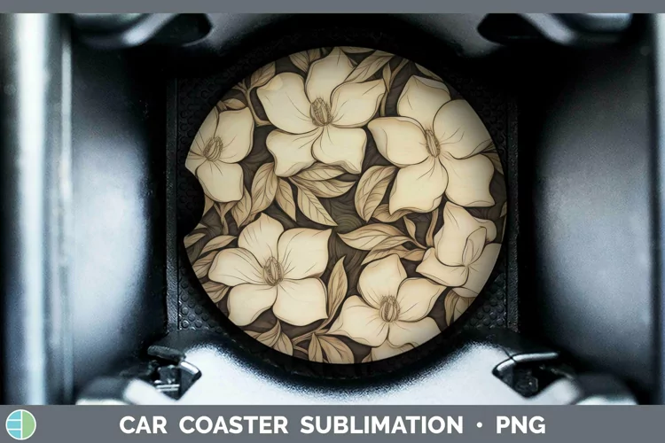 Wood Burned Flowers Gardenia Car Coaster Sublimation Coaster