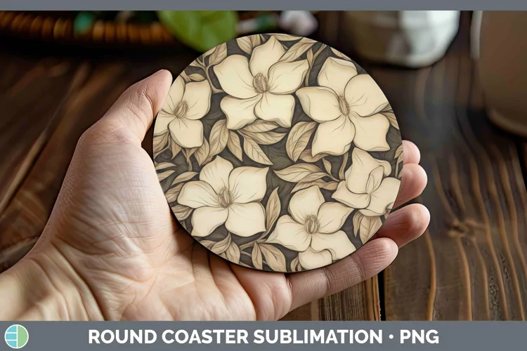 Wood Burned Flowers Gardenia Round Coaster Sublimation Coast