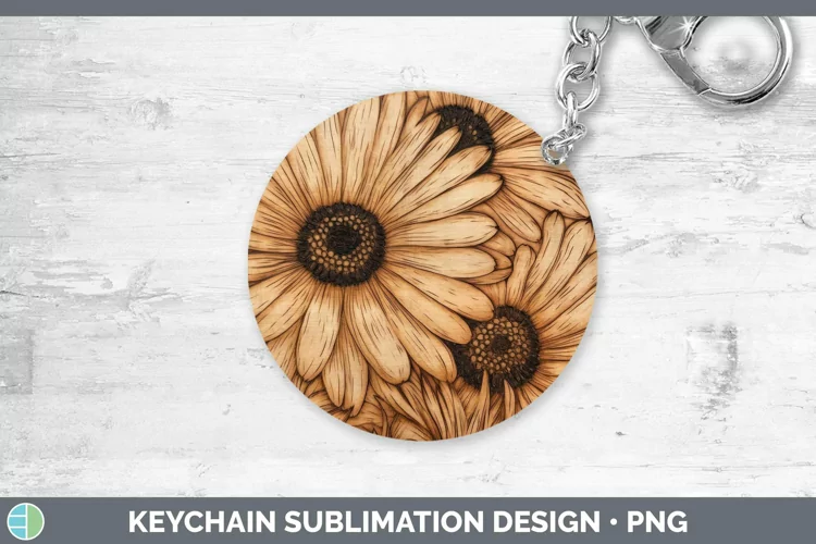Wood Burned Flowers Gerbera Daisy Keychain Sublimation Keyri