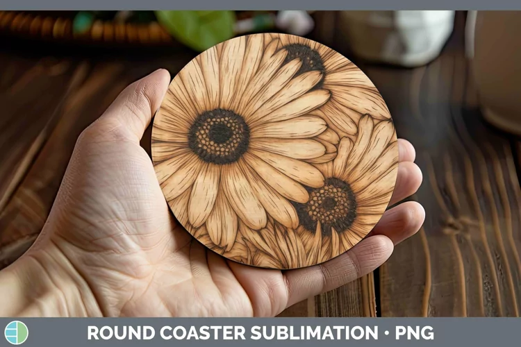 Wood Burned Flowers Gerbera Daisy Round Coaster Sublimation