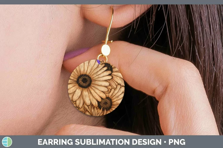 Wood Burned Flowers Gerbera Daisy Round Earrings Sublimation