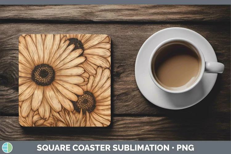 Wood Burned Flowers Gerbera Daisy Square Coaster Sublimation