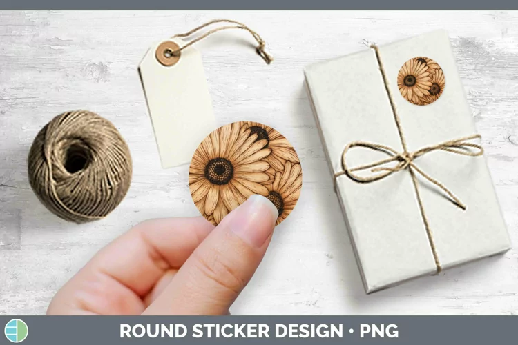 Wood Burned Flowers Gerbera Daisy Stickers | Round Labels De