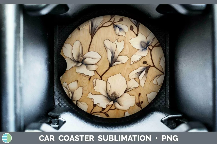 Wood Burned Flowers Magnolia Car Coaster Sublimation Coaster