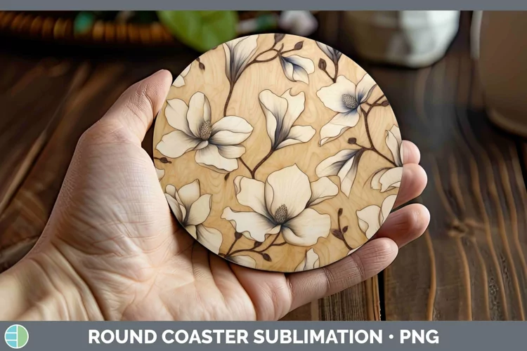 Wood Burned Flowers Magnolia Round Coaster Sublimation Coast