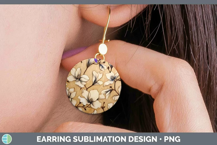 Wood Burned Flowers Magnolia Round Earrings Sublimation Earr