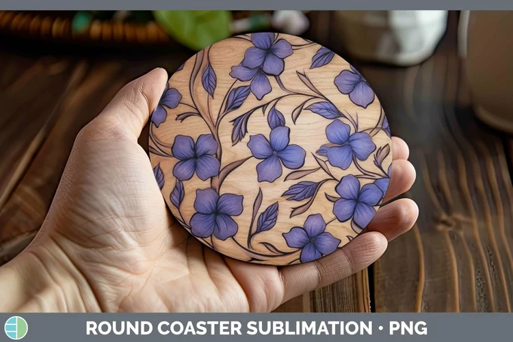 Wood Burned Flowers Periwinkle Round Coaster Sublimation Coa