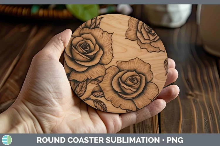 Wood Burned Flowers Rose Round Coaster Sublimation Coaster D