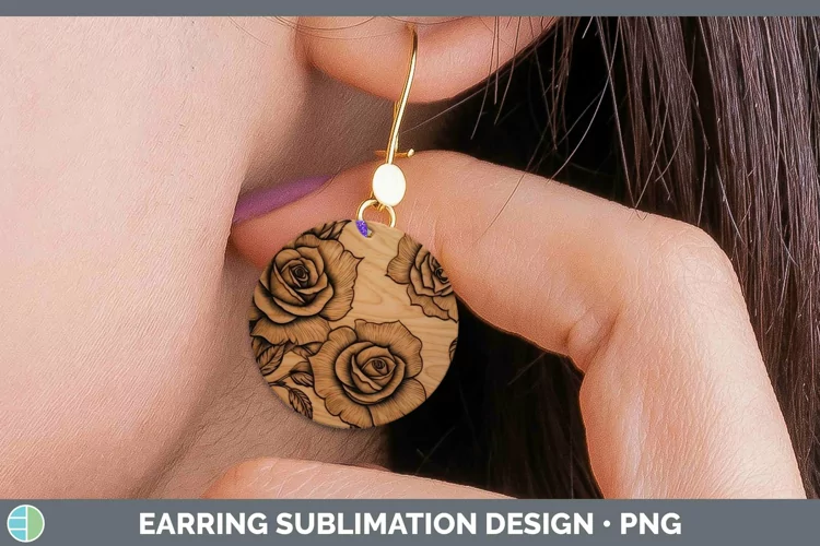Wood Burned Flowers Rose Round Earrings Sublimation Earrings