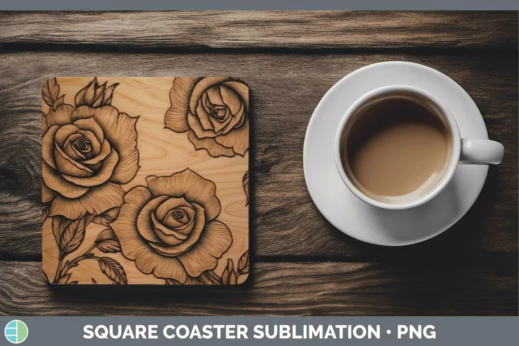 Wood Burned Flowers Rose Square Coaster Sublimation Coaster