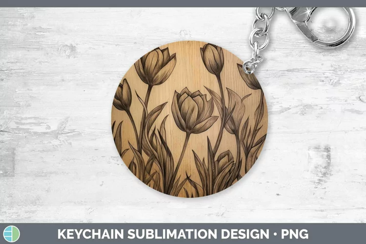 Wood Burned Flowers Tulip Keychain Sublimation Keyring Desig