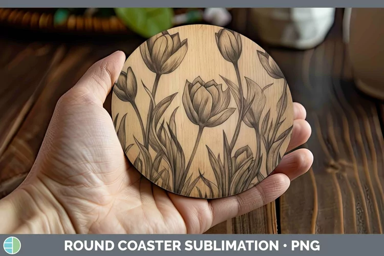 Wood Burned Flowers Tulip Round Coaster Sublimation Coaster