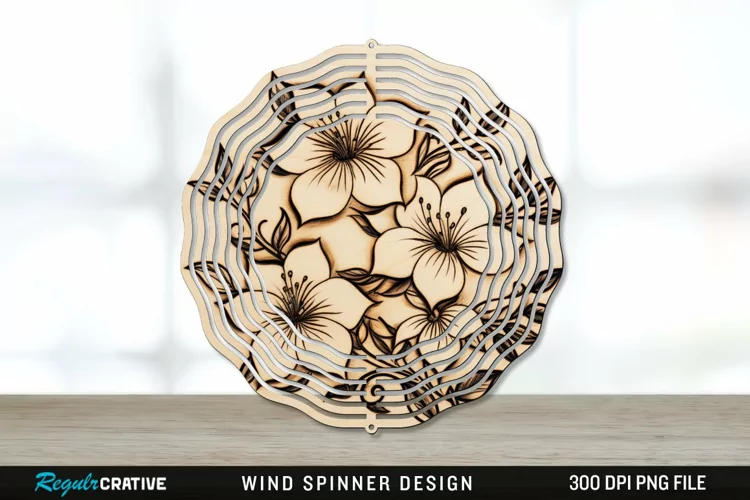 Wood Burned Jasmine Flowers Wind Spinner Sublimation PNG